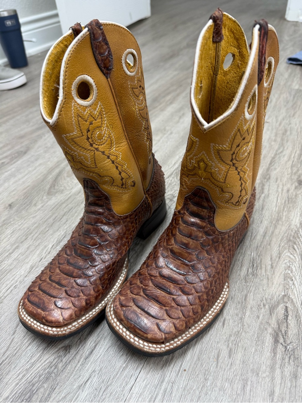 Boys Brown Exotic Scale Cowboy Boots with Mustard Yellow Shaft
